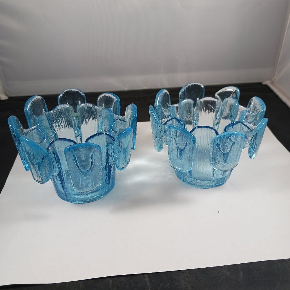 Vintage 1980's Viking Blue Ice Finnish Crown Glass Votive Candle Holder Pair